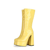 Bold Patent Leather Knee High Platform Chunky Heel Boots - Yellow